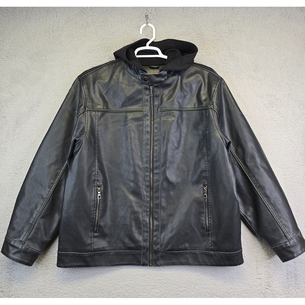 Vintage Arizona Faux Leather Jacket Men's XL black 90s Y2K Grunge Punk Rock Hood